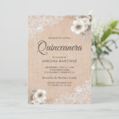 Rustic Burlap Lace Ivory Floral Quinceanera Kaart (Staand voorkant)