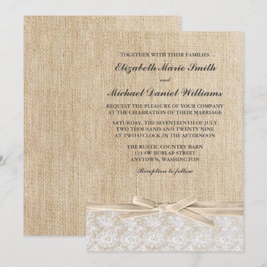 Rustic Burlap Lace Ivory Ribbon Wedding Kaart (Voorkant / Achterkant)