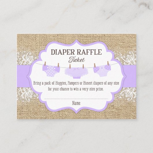 Rustic Burlap Lace Lavender Luier Raffle Ticket Informatiekaartje (Voorkant)