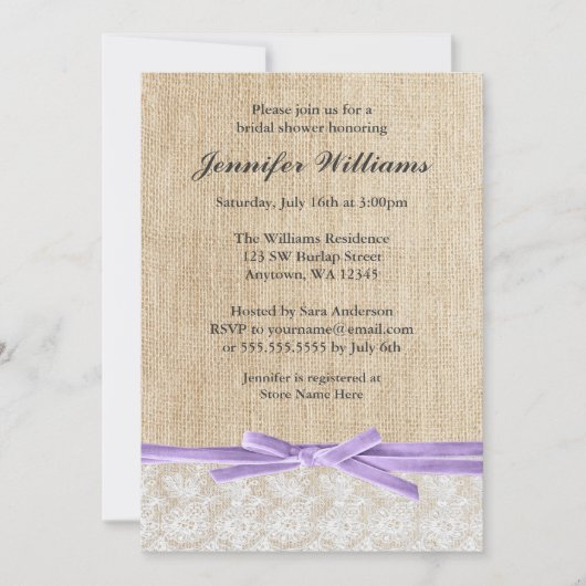 Rustic Burlap Lace Lavender Ribbon Vrijgezellenfee Kaart (Voorkant)