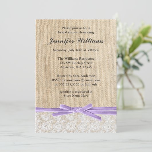 Rustic Burlap Lace Lavender Ribbon Vrijgezellenfee Kaart (Staand voorkant)