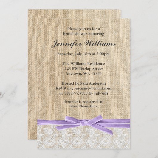 Rustic Burlap Lace Lavender Ribbon Vrijgezellenfee Kaart (Voorkant / Achterkant)