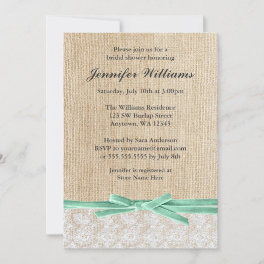 Rustic Burlap Lace Mint Ribbon Vrijgezellenfeest Kaart (Voorkant)