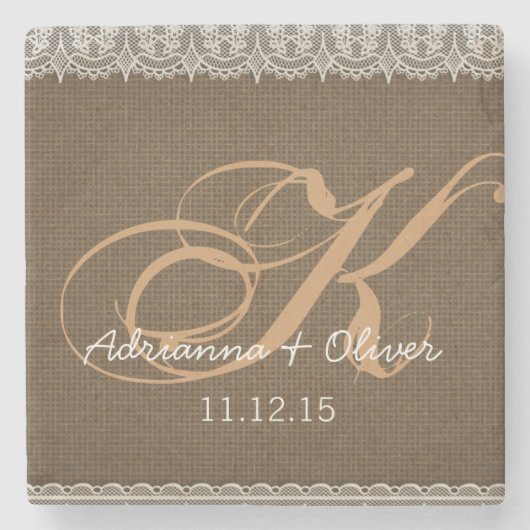 Rustic Burlap Lace Monogram Huwelijk Stenen Onderzetter (Voorkant)