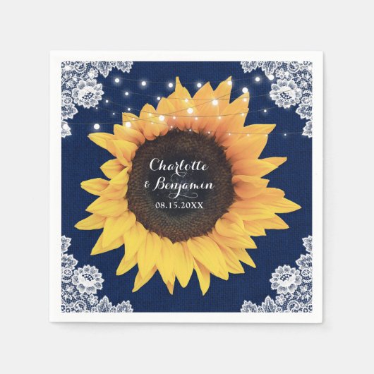 Rustic Burlap Lace Navy Blue en Sunflower Wedding Servet (Voorkant)