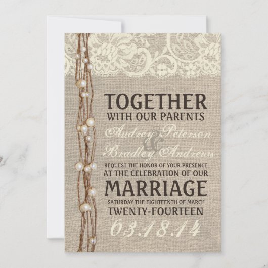 Rustic Burlap Lace Parly Twine Wedding Uitnodiging (Voorkant)