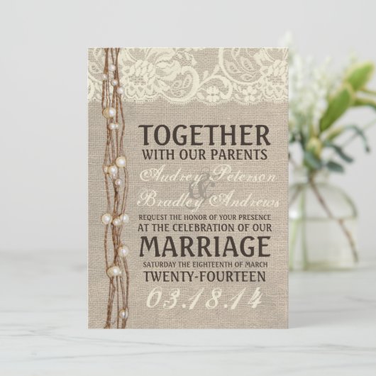 Rustic Burlap Lace Parly Twine Wedding Uitnodiging (Staand voorkant)