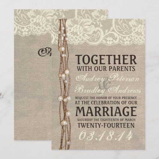Rustic Burlap Lace Parly Twine Wedding Uitnodiging (Voorkant / Achterkant)