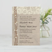 Rustic Burlap Lace Pearls Wedding Invitation Kaart (Staand voorkant)