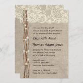 Rustic Burlap Lace Pearls Wedding Invitation Kaart (Voorkant / Achterkant)