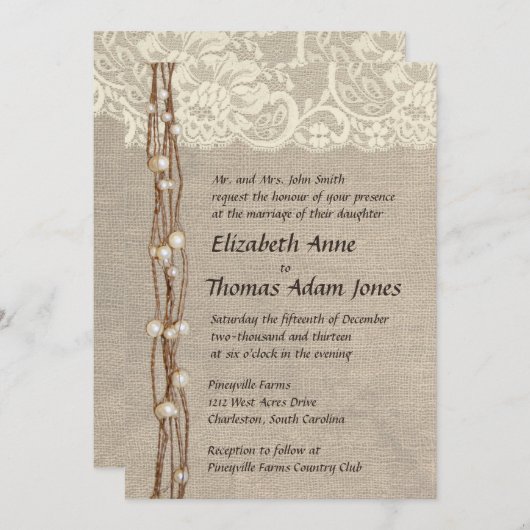 Rustic Burlap Lace Pearls Wedding Invitation Kaart (Voorkant / Achterkant)