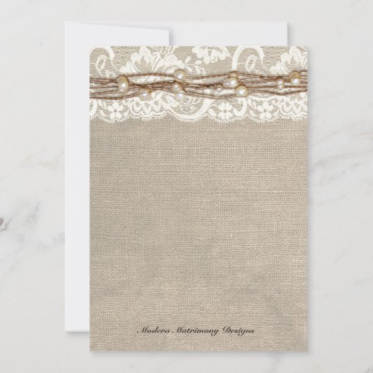 Rustic Burlap Lace Pearls Wedding Invitation Kaart (Achterkant)