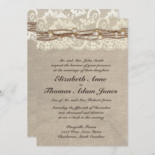 Rustic Burlap Lace Pearls Wedding Invitation Kaart (Voorkant / Achterkant)