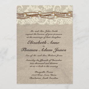 Rustic Burlap Lace Pearls Wedding Invitation Kaart