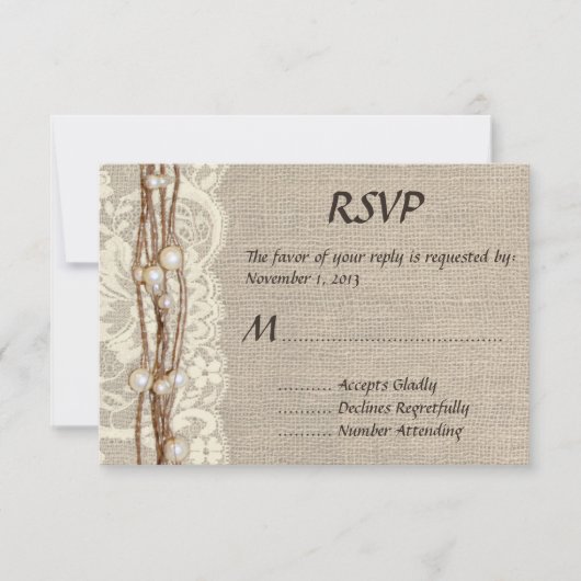 Rustic Burlap Lace Pearls Wedding Invitation RSVP Kaartje (Voorkant)