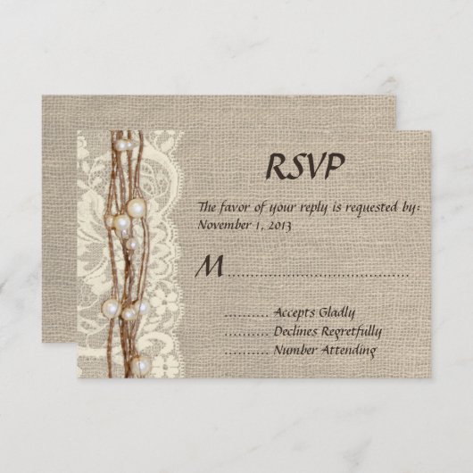Rustic Burlap Lace Pearls Wedding Invitation RSVP Kaartje (Voorkant / Achterkant)