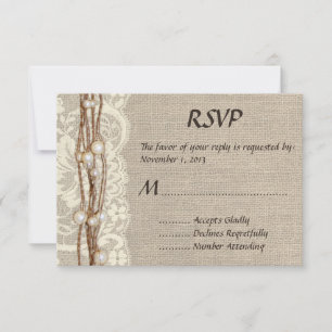 Rustic Burlap Lace Pearls Wedding Invitation RSVP Kaartje