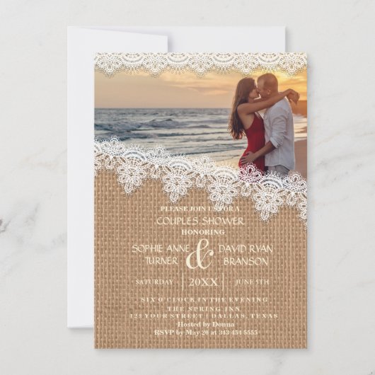 Rustic Burlap Lace Photo Couples Shower Kaart (Voorkant)