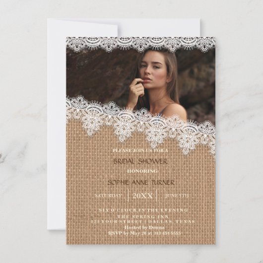 Rustic Burlap Lace Photo Vrijgezellenfeest nodigt  Kaart (Voorkant)