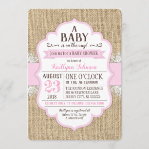 Rustic Burlap Lace Pink Baby shower Uitnodiging