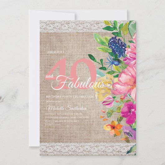 Rustic Burlap Lace Pink Blue Floral 40th Birthday Kaart (Voorkant)