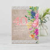 Rustic Burlap Lace Pink Blue Floral 40th Birthday Kaart (Staand voorkant)