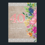 Rustic Burlap Lace Pink Blue Floral 40th Birthday Kaart<br><div class="desc">Mooie roze, blauwe, oranje en gele waterverf floral en greenery botanical 40 en Fabulous 40th verjaardagsfeestuitnodiging voor vrouwen op een rustige burlap en witte achtergrond en een schattige cursieve scriptlettersoort. De achterkant van deze kaart is een overeenkomende houtachtergrond. Neem contact met ons op voor hulp bij aanpassingen of om passende...</div>