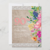Rustic Burlap Lace Pink Blue Floral 90th Birthday Kaart (Voorkant)