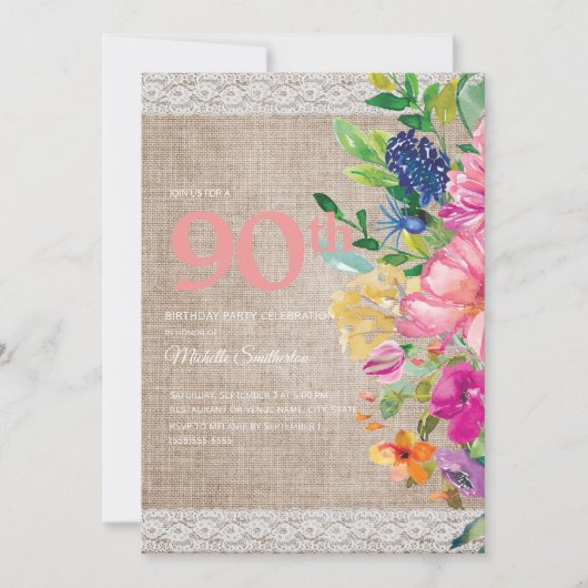 Rustic Burlap Lace Pink Blue Floral 90th Birthday Kaart (Voorkant)