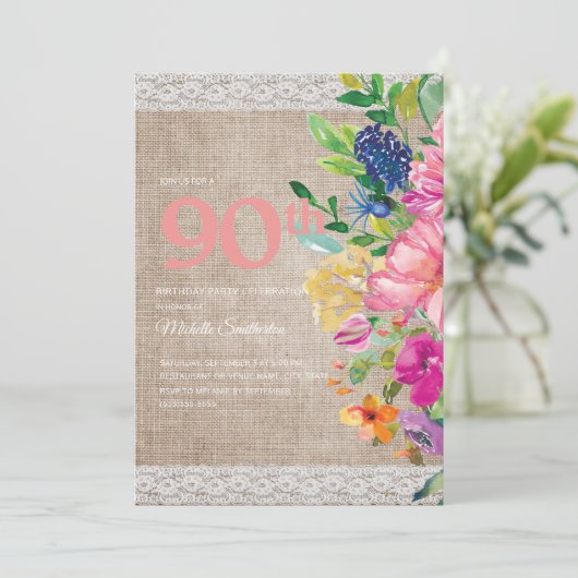 Rustic Burlap Lace Pink Blue Floral 90th Birthday Kaart (Staand voorkant)