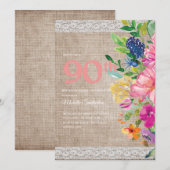 Rustic Burlap Lace Pink Blue Floral 90th Birthday Kaart (Voorkant / Achterkant)