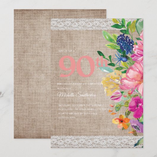 Rustic Burlap Lace Pink Blue Floral 90th Birthday Kaart (Voorkant / Achterkant)