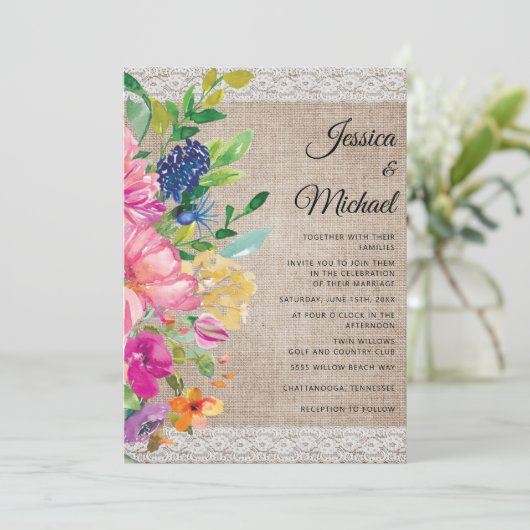 Rustic Burlap Lace Pink Blue Floral Wedding Kaart (Staand voorkant)