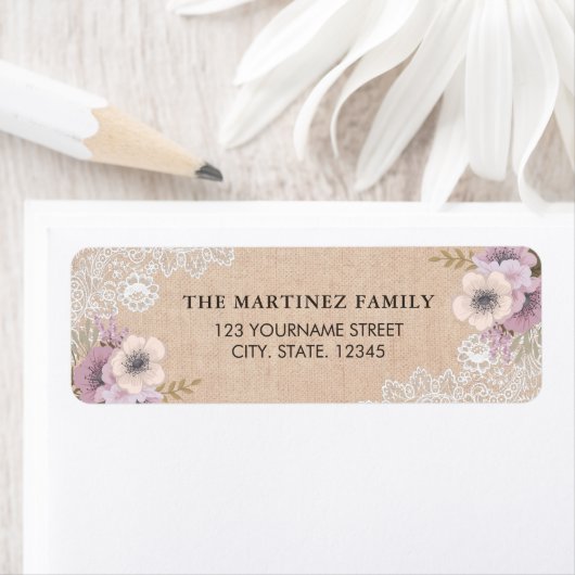 Rustic Burlap Lace Pink Floral Etiket (Insitu)