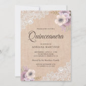 Rustic Burlap Lace Pink Floral Quinceanera Kaart (Voorkant)