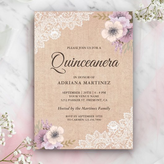 Rustic Burlap Lace Pink Floral Quinceanera Kaart