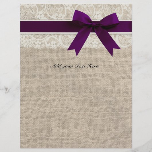 Rustic Burlap Lace Plum Ribbon Letterhead (Voorkant)