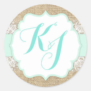 Rustic Burlap Lace Seafoam Baby shower Monogram Ronde Sticker