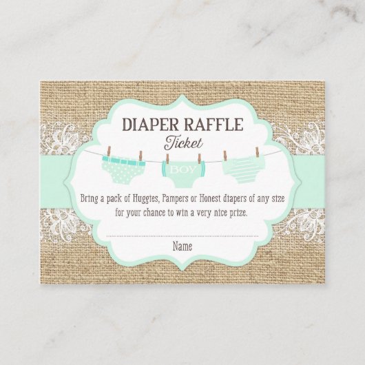 Rustic Burlap Lace Seafoam Luier Raffle Ticket Informatiekaartje (Voorkant)