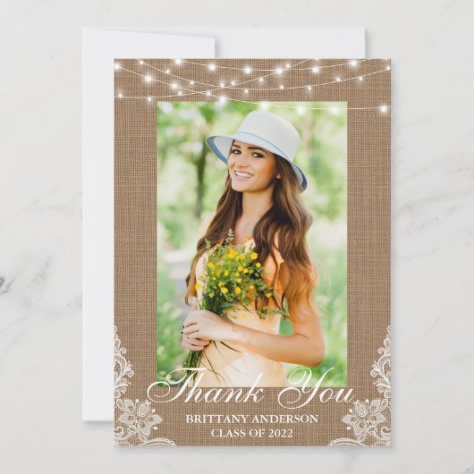 Rustic Burlap Lace String Lights Afstuderen Bedankkaart (Voorkant)