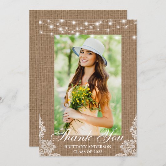 Rustic Burlap Lace String Lights Afstuderen Bedankkaart (Voorkant / Achterkant)