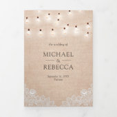 Rustic Burlap Lace String Lights Drieluik Uitnodiging (Cover)