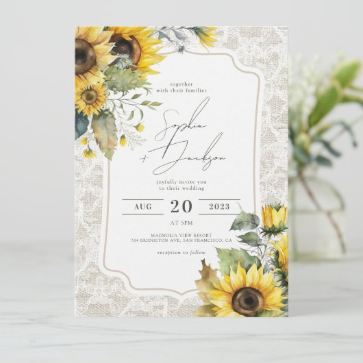 Rustic Burlap Lace Sunflower Fall Wedding Kaart (Staand voorkant)