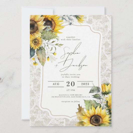 Rustic Burlap Lace Sunflower Fall Wedding Kaart (Voorkant)