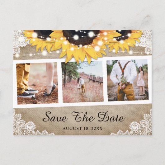 Rustic Burlap Lace Sunflower Foto Save the Date Aankondigingskaart (Voorkant)