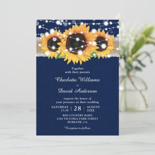 Rustic Burlap Lace Sunflower Navy Blue Wedding Kaart (Staand voorkant)