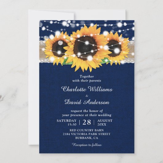 Rustic Burlap Lace Sunflower Navy Blue Wedding Kaart (Voorkant)