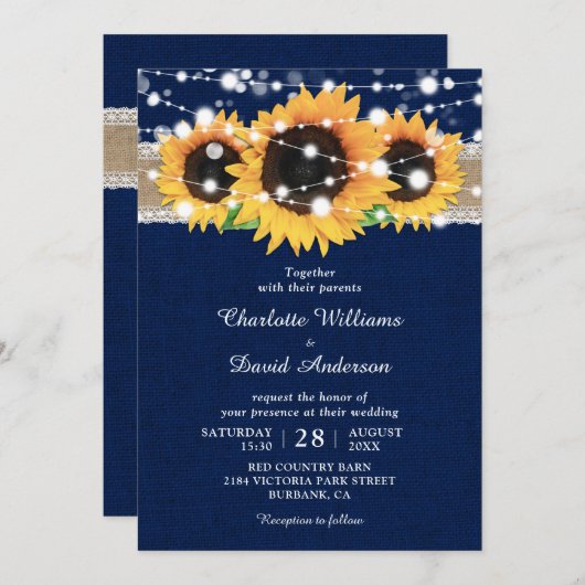 Rustic Burlap Lace Sunflower Navy Blue Wedding Kaart (Voorkant / Achterkant)