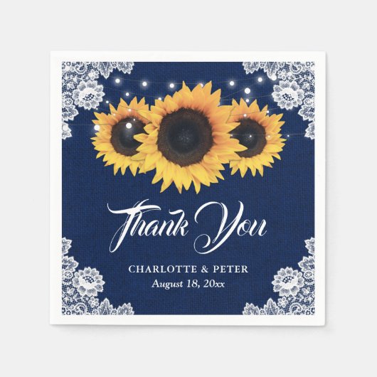 Rustic Burlap Lace Sunflower Navy Blue Wedding Servet (Voorkant)