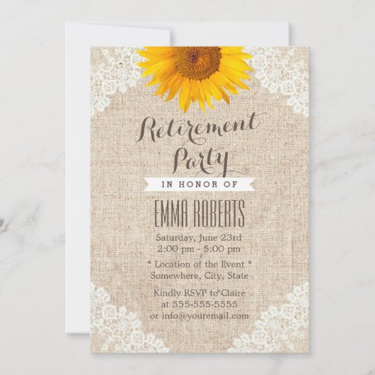 Rustic Burlap & Lace Sunflower Retirement Party Kaart (Voorkant)